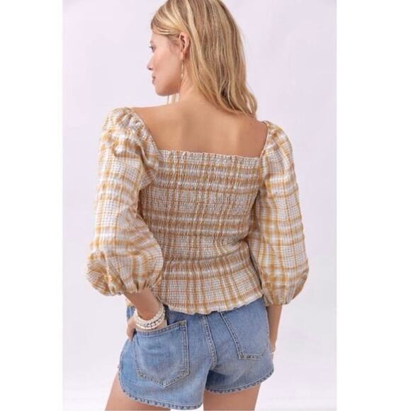 Maeve plaid square neck blouse neutral motif Cropped Puff Sleeve M Cottage Boho - Picture 2 of 11